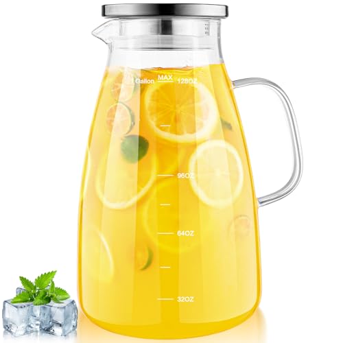 Aofmee 1 Gallon Glass Water Pitcher with Lid & Handle, Borosilicate Hot & Cold Beverage Jug