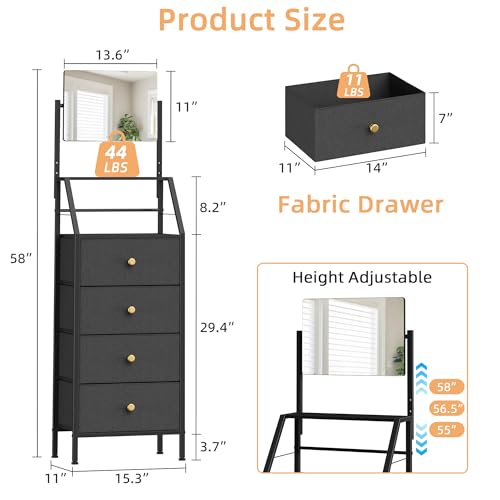 Vanity Dresser with Adjustable Mirror & 4 Fabric Drawers - Black, 15.3 W x 11 D x 58 H