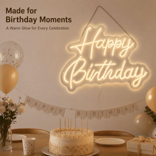 Happy Birthday Neon Sign 22x16.9in LED Dimmable Warm White - Wall Decor & Photo Prop