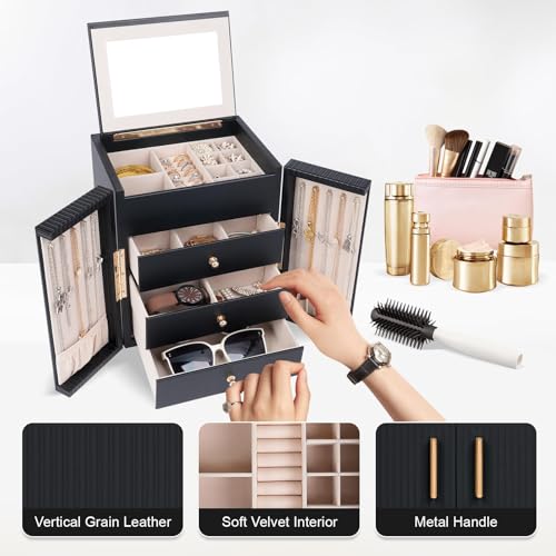 Large Jewelry Box for Women with Mirror and 3 Drawers - Black