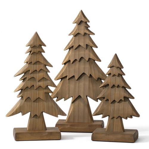 Hanobe Brown 3pc Rustic Wood Christmas Trees Set for Tabletop - Small 10.24", Medium 12.6", Large 15"