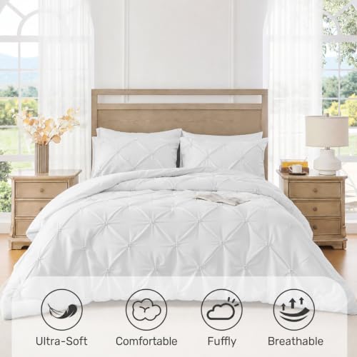 King Size White Comforter Set - Ultra Soft Boho Pintuck Bedding 3 Pieces - All Seasons Variation 01 White King 104x92
