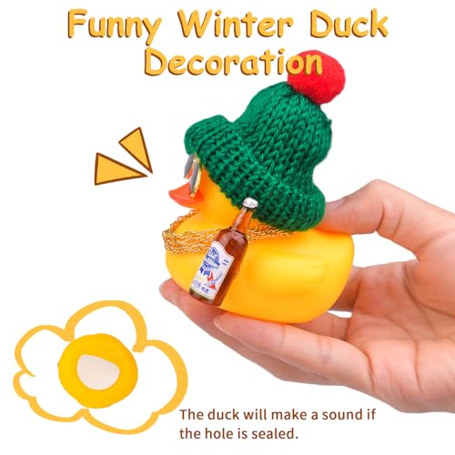 MuMyer E6-purple Car Dashboard Rubber Duck Ornament with Knit Hat, Sunglasses & Gold Chains (3in)