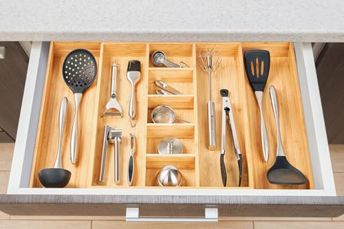 Adjustable Bamboo Kitchen Drawer Organizer for Utensils - 17 to 28 Inch, Extra Large, Flatware Tray