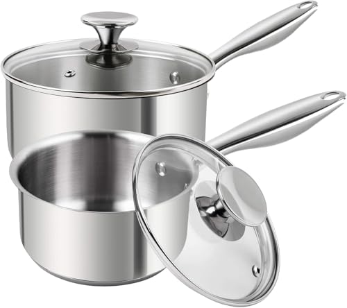 Tri-Ply Bottom Stainless Steel Saucepan Set 1Qt & 2Qt with Glass Lids