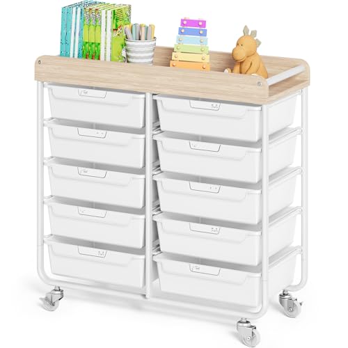TOOLF White 10 Drawer Mobile Craft Storage Cart with Wood Top