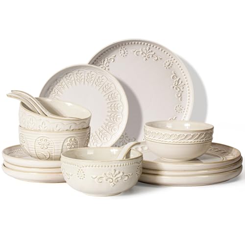 Artena 16-Piece Dinnerware Set with Embossed Patterns and Spoons - White, Multiple Patterns
