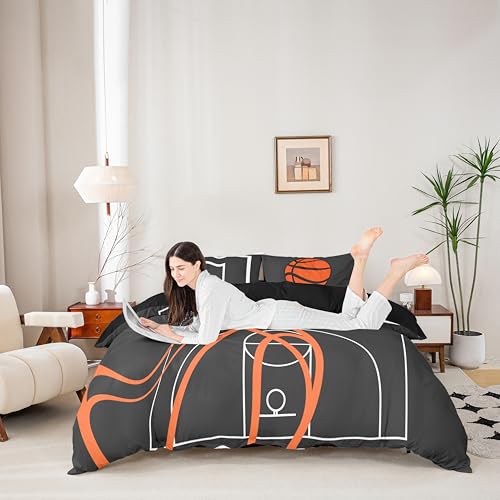 Castle Fairy Cyjs3028 Full Size Basketball Court Print Comforter Cover Set with 2 Pillowcases (No Comforter) – Orange Hoop Bedding