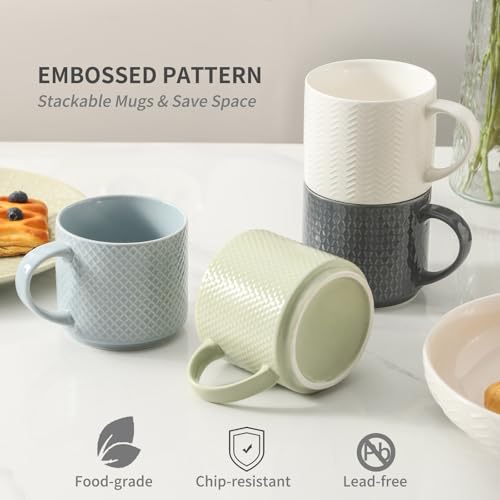Multicolor Coffee Mug Set with Metal Stand - 15 oz Embossed Ceramic Cups for Latte Tea Cappuccino
