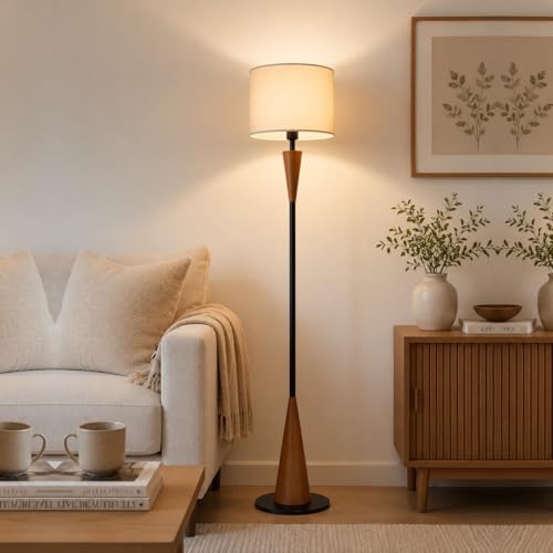 Wood Floor Lamp for Living Room - 61.5 Inch Retro Farmhouse Standing Lamp with 3-Color Temperature - Brown - Includes 9W Bulb & Foot Switch