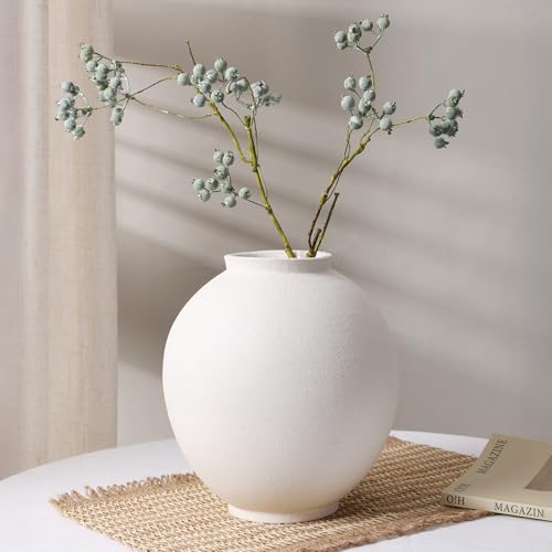 Large White Ceramic Vase - 9.8 Inch Rustic Farmhouse Flower Pot with Sandstone Texture - Indoor Table & Floor Decor - Variation: White