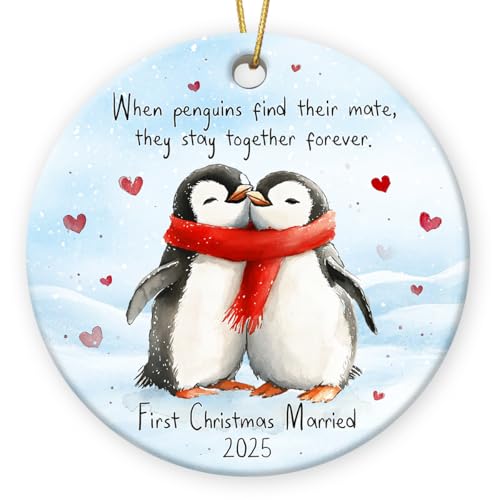 First Christmas Married Ornament 2025 - Wedding Gifts for Newlyweds, Double Sided Ceramic Ornament for Christmas Tree Decorations, Gifts for Newly Engaged Couples, Gift for Bride