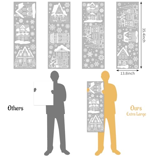 JarThenaAMCS 13.8x35.4'' Extra Large Christmas Window Clings 4 Sheets - White Houses & Snowflakes Double-Sided