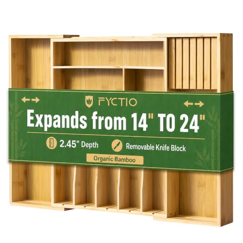 Fyctio Natural Bamboo Expandable Silverware Drawer Organizer with Removable Knife Block