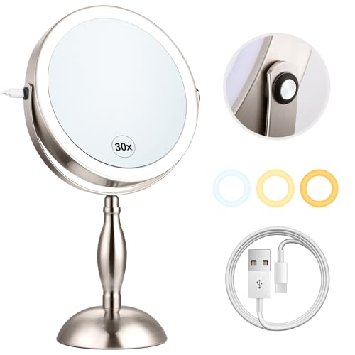 DASLAVA 30X Lighted Makeup Mirror with 3 Color Lights - Brushed Nickel