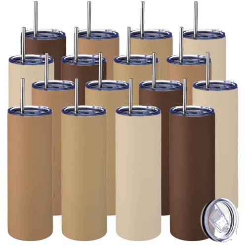 16 Pack 20oz Insulated Stainless Steel Tumblers with Lids & Straws - Brown, Variation 16