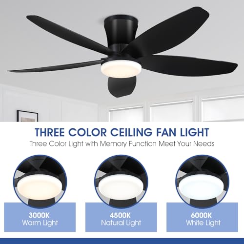 42-Inch Ceiling Fan with Lights and Remote, Low Profile Flush Mount, Reversible DC Motor, Black
