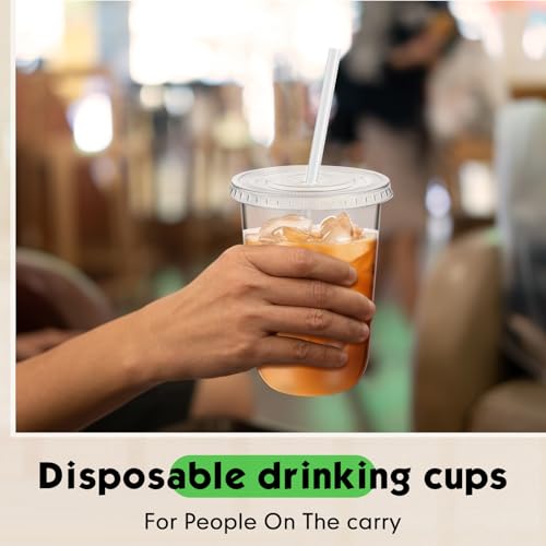 Ziliny 200 Sets 16 oz Clear Plastic Cups with Lids & Straws for Cold Drinks