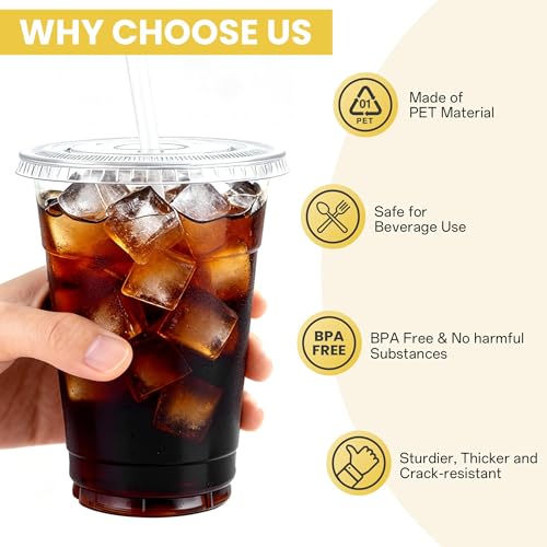 16 oz Disposable Clear Plastic Cups with Lids & Straws - 100 Pack