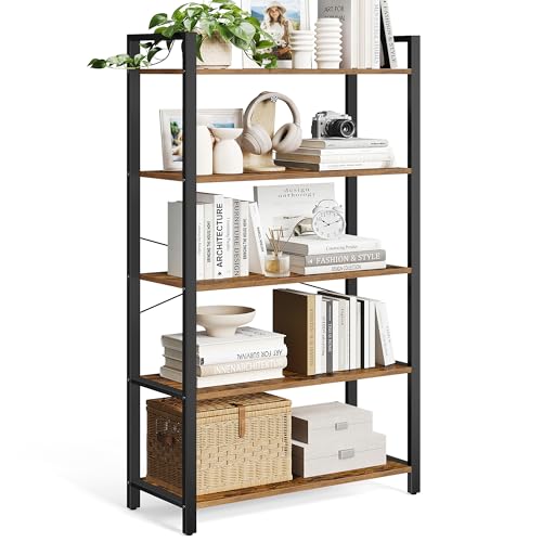 VASAGLE Rustic Brown & Black 5-Tier Bookshelf with Shelves, No Back Panel, 11.8D x 31.5W