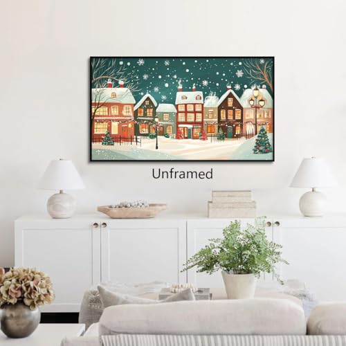 Unframed Christmas Snowy Village Wall Art 16x28in Winter Town Night Landscape
