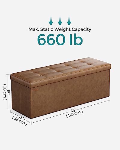 SONGMICS Storage Ottoman Bench - 43.3 Inch Folding Foot Rest Stool - Coffee Brown