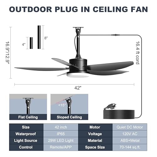 42-Inch Outdoor Ceiling Fan with Lights - Black, Plug-in, Waterproof, Remote Control