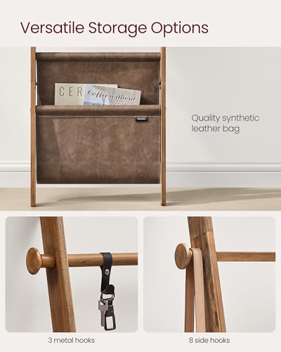 VASAGLE 5-Tier Pine Wood Blanket Ladder with Caramel Brown Finish and Leather Bag