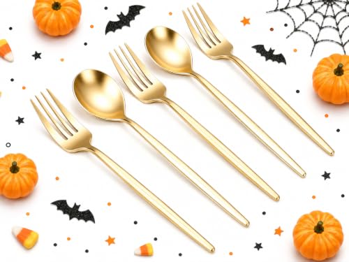Gold Plastic Forks and Spoons Set - Heavy Duty Disposable Silverware 200 pcs