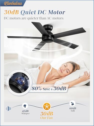 48 Inch Black Ceiling Fan No Light with Remote - Flush Mount, 6-Speed