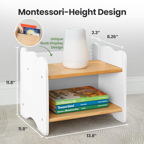 Kids Nightstand for Floor Beds - White Montessori Style Small Bedside Table with Book Pocket - Variation 2