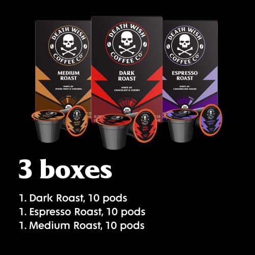 Death Wish Coffee Mixed Roast Variety Pack Pods - Organic, 10 Count Pack of 3