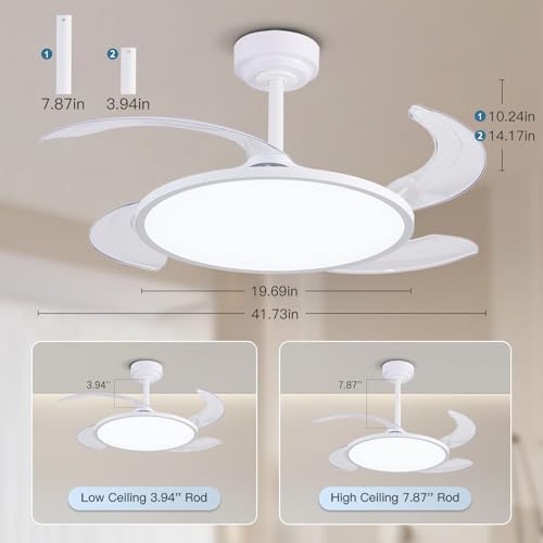 AHAWILL Retractable Ceiling Fan with Lights & Remote - 42'' White Modern Bladeless Fan with Dimmable Full Spectrum LED & Timer