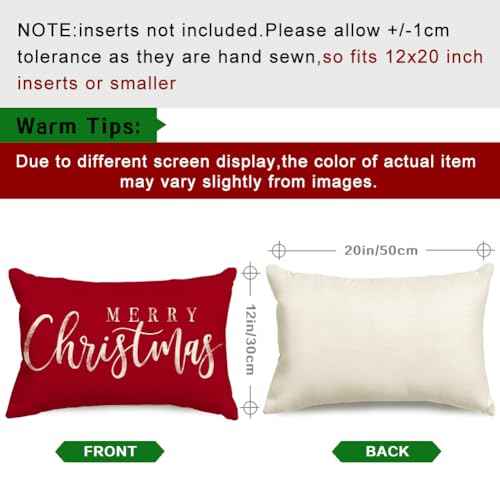 RABUSOFA Merry Christmas Pillow Covers 12x20 Inch,Red Xmas Decor Winter Holiday Outdoor Lumbar Cushion Case Decoration for Home Sofa (Red, 20" x 12" (Pack of 1))