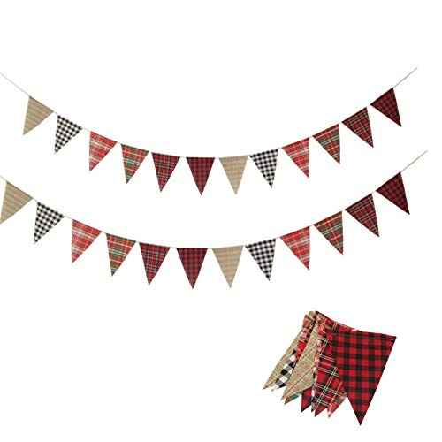 24PCS Imitated Burlap Pennant Banner, Multicolor Fabric Triangle Flag for Outdoor Party Wedding Christmas Birthday Decoration (Grid Style)