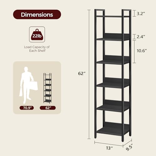 6-Tier Bookshelf for Small Spaces - Black Metal & Wood Storage Shelf