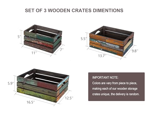Set of 3 Rustic Wooden Nesting Crates - Farmhouse Decorative Storage Baskets - Random Variation