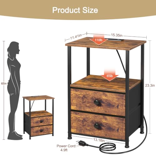 LOAKEKEL Rustic Brown Nightstands Set of 2 with Charging Station - Modern Bedside Tables