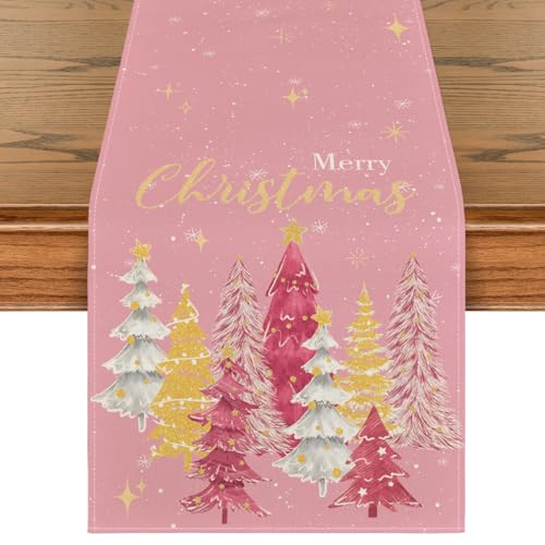 Artoid Mode Xmas Trees Merry Christmas Table Runner, Seasonal Winter Pink Kitchen Dining Table Decoration for Home Party Decor 13x72 Inch