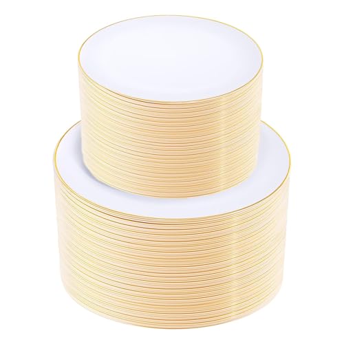 White & Gold Disposable Plastic Plates Set 200PCS - Party, Wedding, Halloween