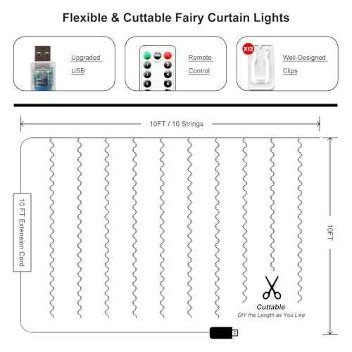 300 LED Fairy Curtain Lights, 9.8 x 9.8FT Cold White USB Plug in 8 Modes String Hanging Lights with Remote for Christmas, Bedroom, Indoor, Outdoor, Weddings, Party (Cold White)
