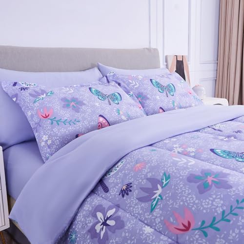 Kids Twin Comforter Set Butterfly Purple Bedding for Girls - 6 Pieces