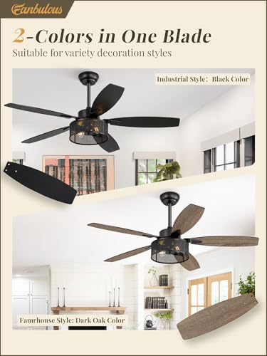 Fanbulous 52 Inch Black Farmhouse Flush Mount Ceiling Fan with Light & Remote - Rustic Caged Design
