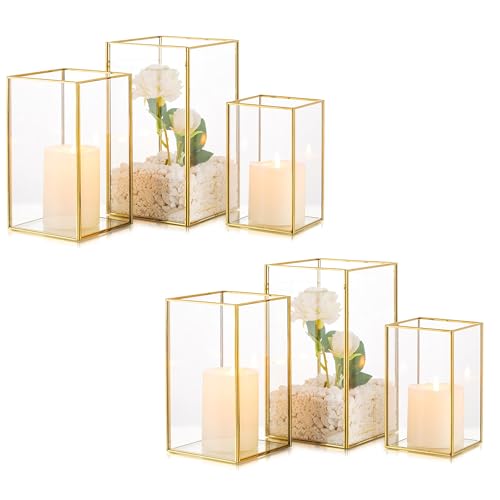 Hurricane Glass Candle Holder: Large Gold Lanterns Set of 3