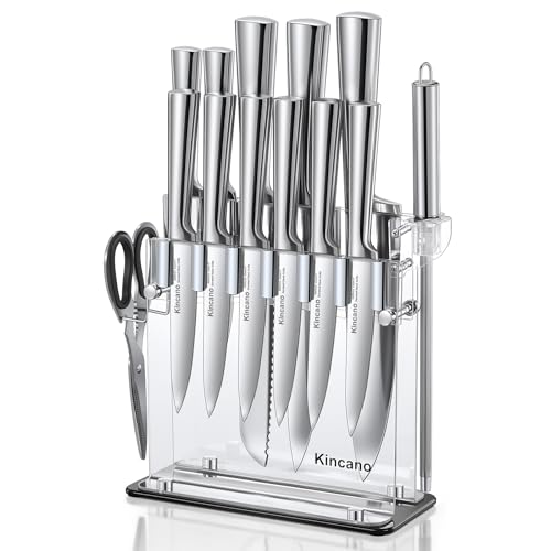 14-Piece High Carbon Stainless Steel Kitchen Knife Set with Acrylic Stand - Sharp Chef, Bread, Carving, Utility, Steak Knives, Sharpener & Scissors - Ergonomic Design