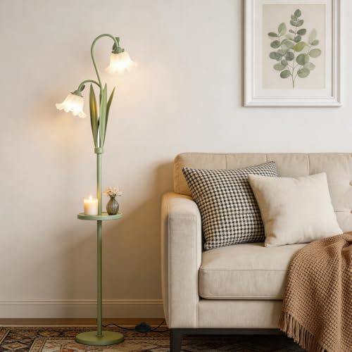 Snoslme Matcha Green Funky Flower Floor Lamp with Table, Adjustable Gooseneck, 3 Color Temperatures, LED Bright Standing Lamp for Living Room & Bedroom