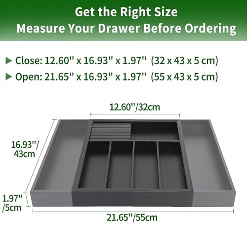 VaeFae Bamboo Silverware Drawer Organizer - 7 Slots, Black, Adjustable & Removable Knife Block