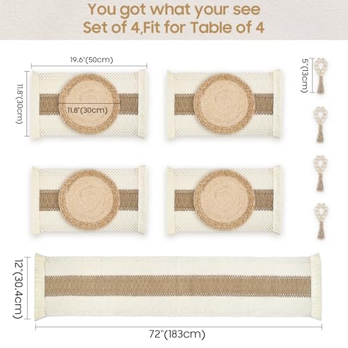 Natural Set of 4 Boho Woven Placemats, Charger Plates, Table Runner & Napkin Rings