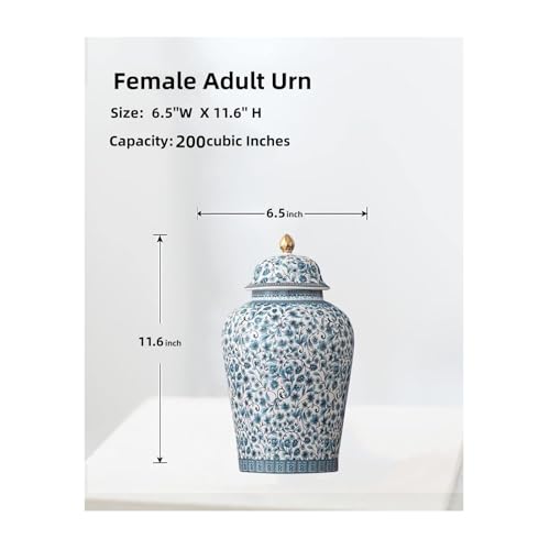 Blue Flower Urn for Adult Ashes - Ceramic Large Memorial Cremation Urn 200 Cubic Inches - Blue Flowers 200Lb Variation