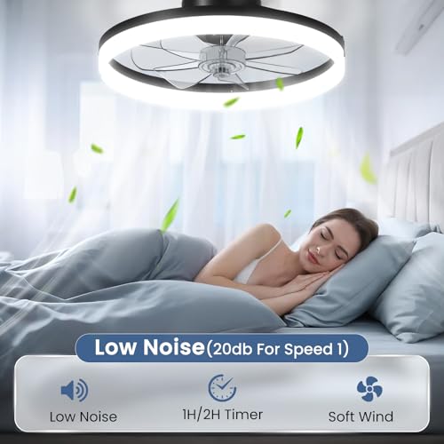 Black 20-Inch Low Profile Ceiling Fan with Light and Remote Control